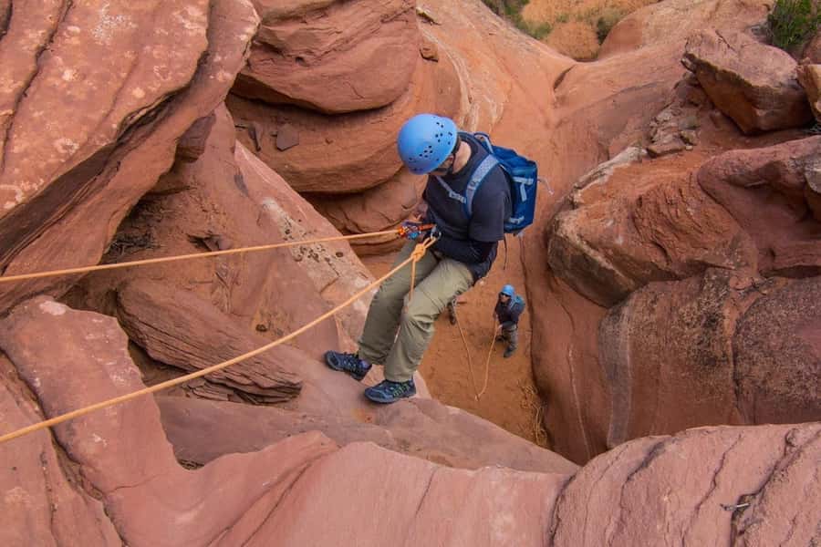 From Moab: Rock of Ages Moderate Rappelling Obstacle Course - Chimney Arch and the climb through the canyon