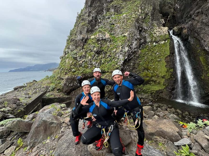 Madeira Canyoning For Beginners Ribeira Funda Level 3 - The final waterfall rappel leads toward the Atlantic