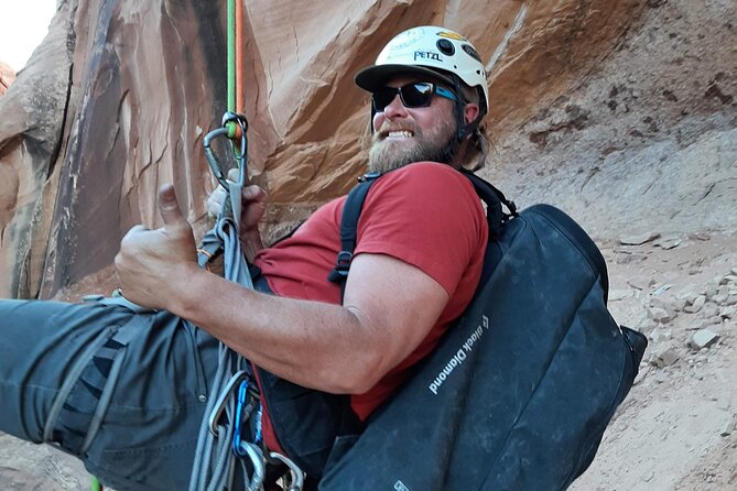 Moab Rappeling Adventure: Medieval Chamber Slot Canyon - The 120-foot free-hanging rappel beside Morning Glory Natural Bridge