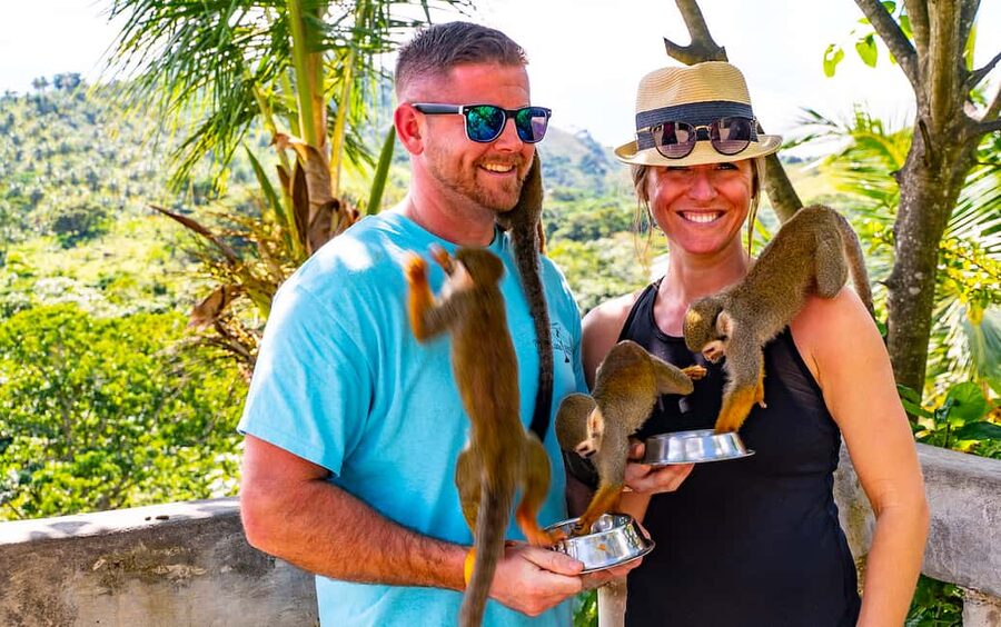 Punta Cana: Triple Jungle Adventure Park Tour with Tastings - Meeting squirrel monkeys at Monkeyland